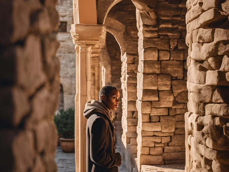 An image showing a person looking at a masonry design. 