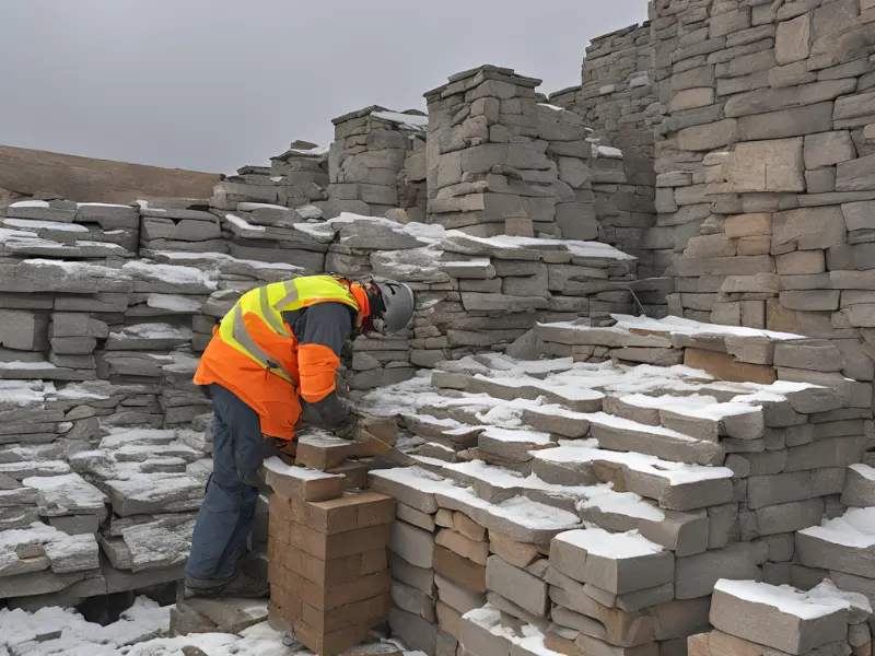 Image of a masonry contractor doing brickwork in harsh weather.