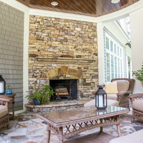 An image of a beautiful stone fireplace adding value to a Knoxville home.